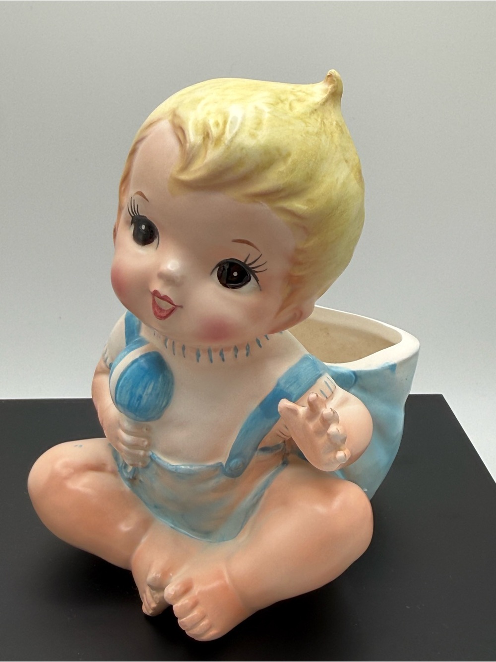 50’s-60’s Vintage Lefton Blonde Baby Figurine Planter with Blue Outfit